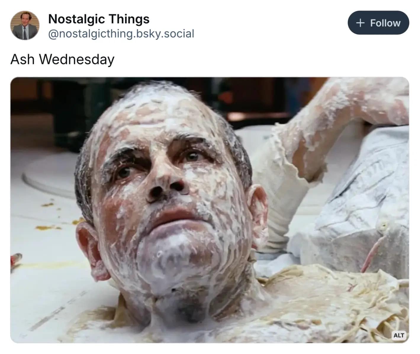 A sci-fi horror pun lent meme featuring the android Ash from Alien covered in white fluid, simply captioned "Ash Wednesday" for fans of the franchise.