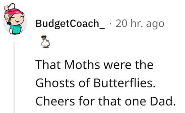A hilarious example of funny lies our parents told us from a Reddit thread, where a user's dad convinced them that moths were actually the ghosts of dead butterflies.