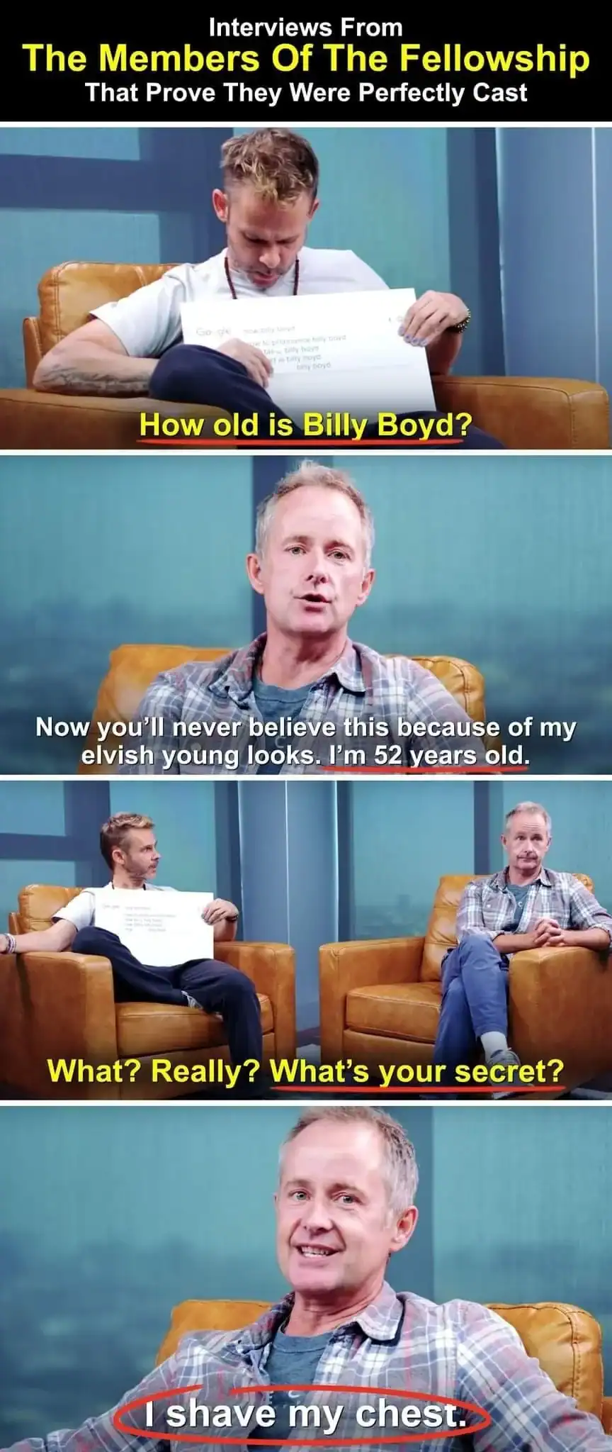 A lotr meme consisting of interview panels where Billy Boyd shocks the cast by revealing he is 52 years old because he shaves his chest.