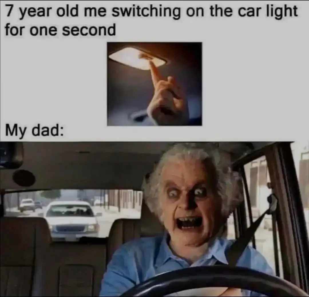 A relatable lotr meme comparing a dad's reaction to a child turning on the car light to the terrifying scary face Bilbo makes in The Fellowship of the Ring.