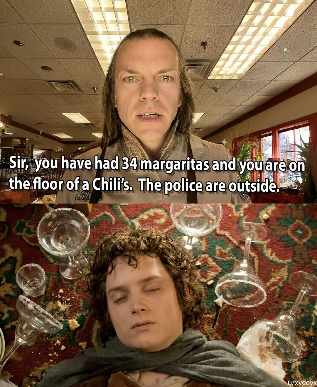A hilarious Lord of the rings meme where Elrond works at Chili's and cuts off Frodo after 34 margaritas, leaving the hobbit passed out on the carpet.