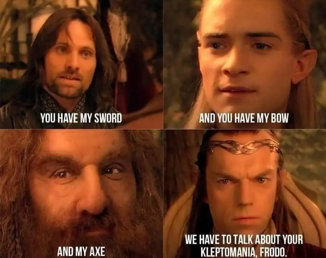 A Lord of the rings meme twisting the iconic Fellowship pledge scene to suggest that Aragorn, Legolas, and Gimli are actually confronting Frodo about his kleptomania.