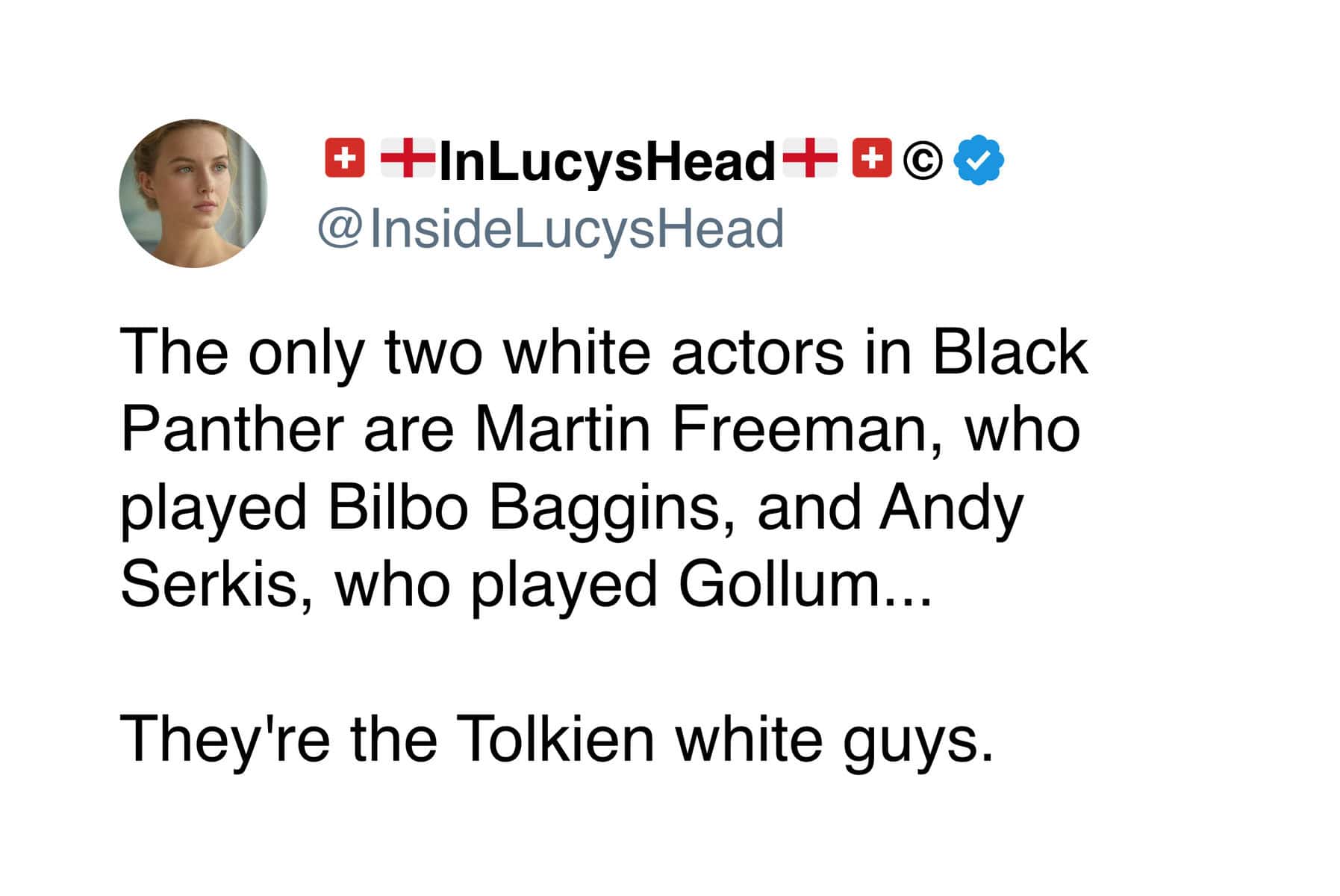A viral lotr meme tweet pointing out the clever pun that Martin Freeman and Andy Serkis are the "Tolkien white guys" in the Black Panther movie.