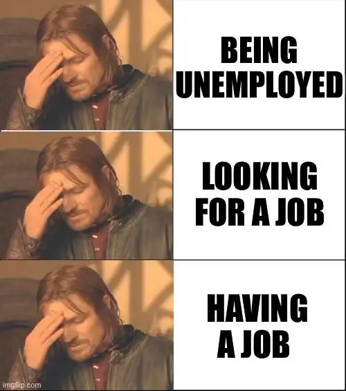 A relatable lotr meme showing Boromir looking equally stressed in every panel to illustrate that being unemployed, looking for a job, and having a job are all exhausting.