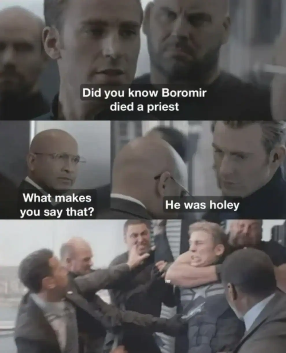 A lotr meme using the Captain America elevator template to make a dark dad joke about Boromir being a priest because he was "holey."