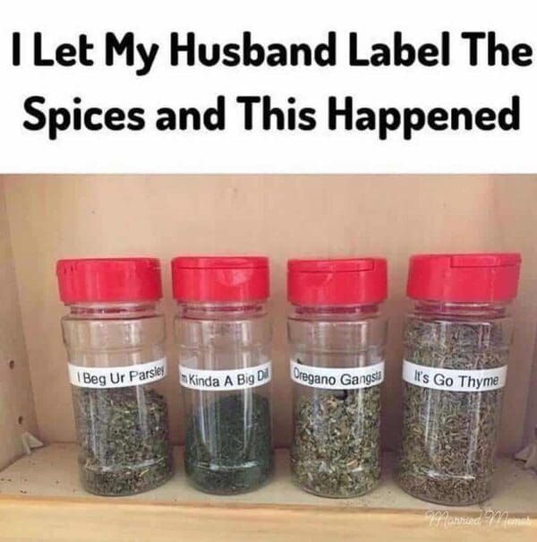 A funny marriage meme showing spice jars with punny labels like "Beg Ur Parsley" and "Oregano Gangsta" after a wife let her husband organize the kitchen.