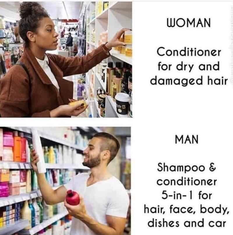 A hilarious memes about marriage comparison showing the difference between women's specific hair products and men's "5-in-1" soap that cleans hair, body, dishes, and cars.