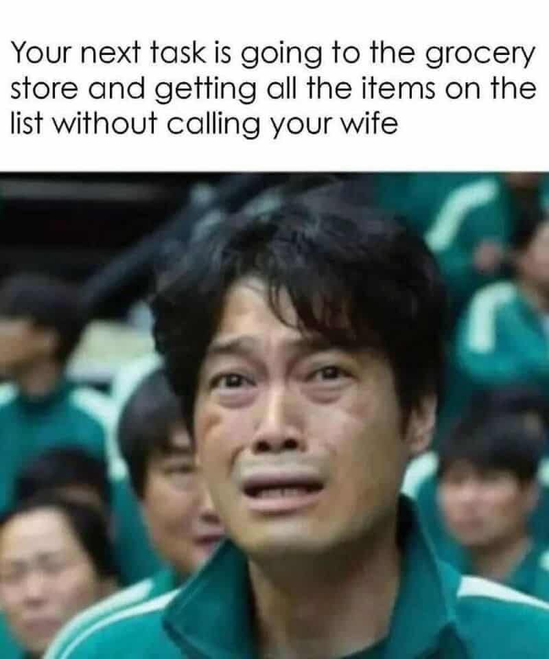 A Squid Game marriage meme representing the impossible challenge of a husband completing a grocery trip without calling his wife for help.