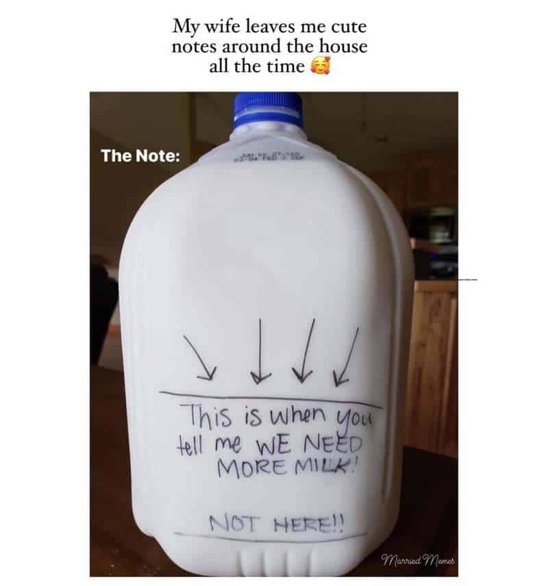 A relatable marriage meme featuring a milk jug with a "cute note" drawn on it, aggressively marking the exact level where the husband needs to say they need more milk.