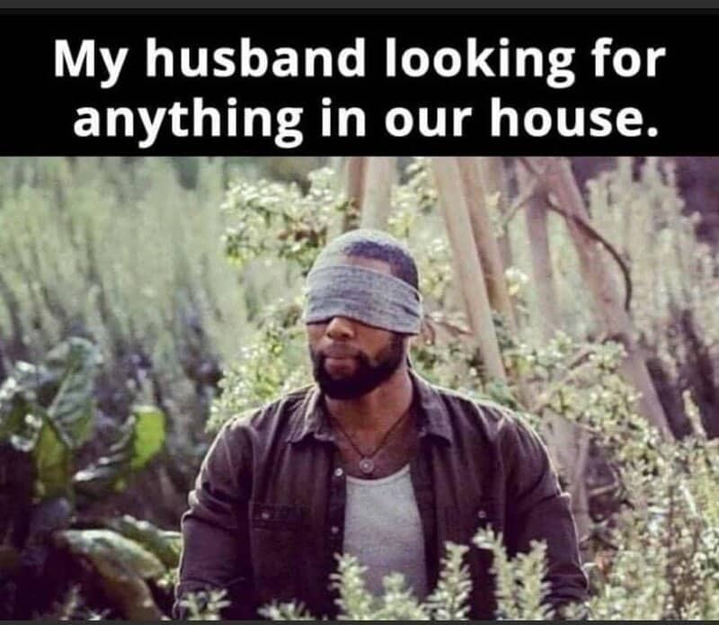 A classic memes about marriage using the blindfolded character from Bird Box to depict how husbands look for things right in front of them in the house.