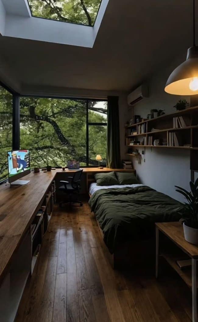A serene awesome home decor bedroom retreat with a wrap-around wooden desk and expansive corner windows offering an immersive view of the surrounding lush forest.