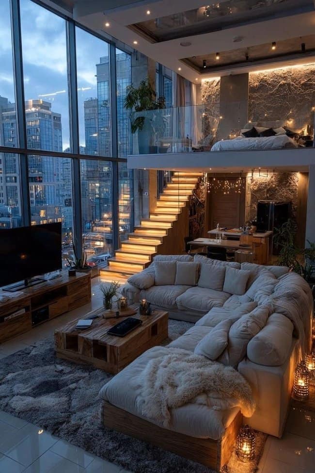 A stunning masculine home decor industrial loft featuring floor-to-ceiling windows with a city skyline view, a floating staircase, and a mezzanine bedroom overlooking the lounge.