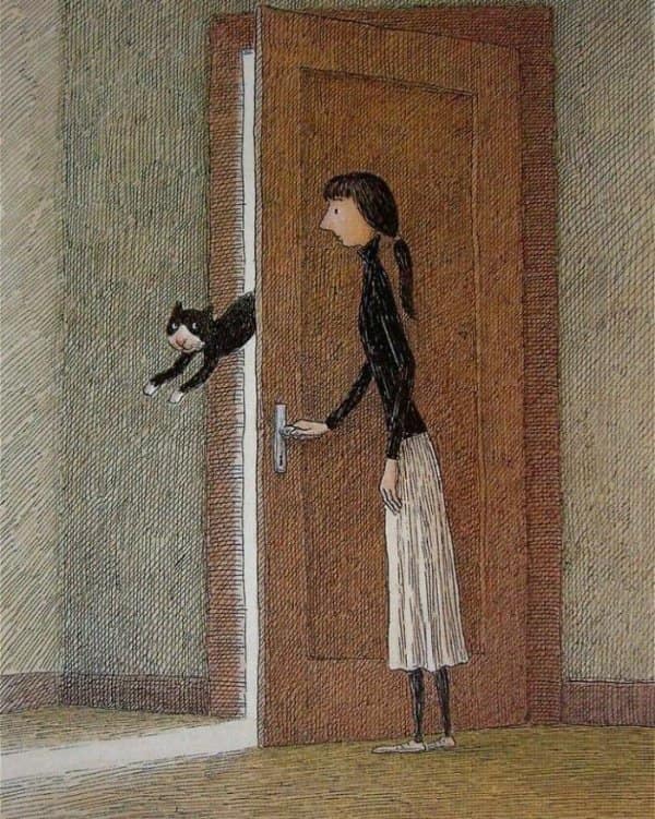 Illustration of a woman opening a wooden door while a black and white cat leaps horizontally through the gap.