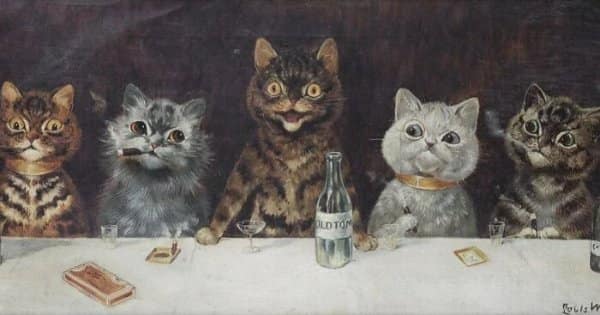 Louis Wain artwork of five wide eyed cats sitting at a table smoking cigars and drinking from an Old Tom gin bottle.