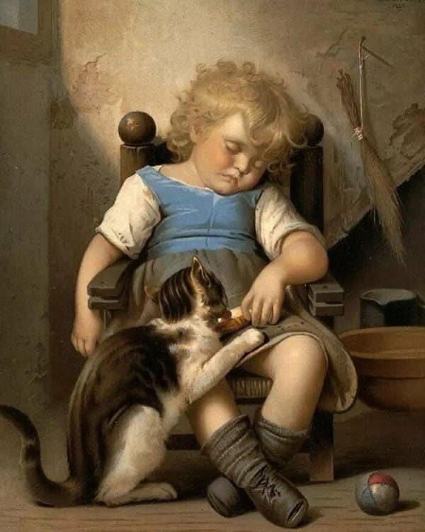 Classical portrait of a toddler sleeping in a wooden chair while a tabby cat sneaks a bite of her food.