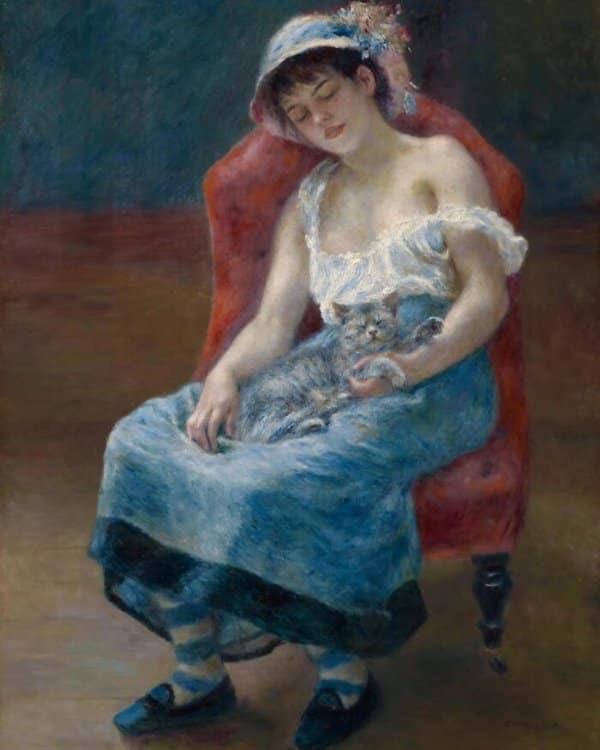 Impressionist art of a sleeping woman in a blue dress and hat resting in a red armchair with a grey cat in her lap.