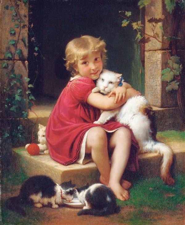 Vintage painting of a smiling girl in a red dress tightly hugging a white cat while tiny kittens drink milk from a saucer.