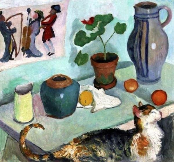 Post impressionist style artwork of a calico cat sitting on a table near a blue vase pitcher and fruit