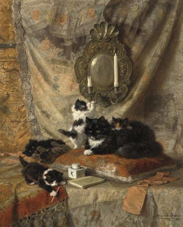Classic painting of medieval cats featuring a fluffy black mother resting on a velvet pillow with playful kittens