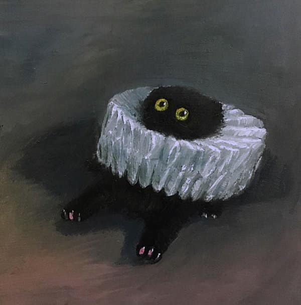 Humorous medieval cat painting showing a tiny black kitten looking up while wearing a white Elizabethan ruff collar