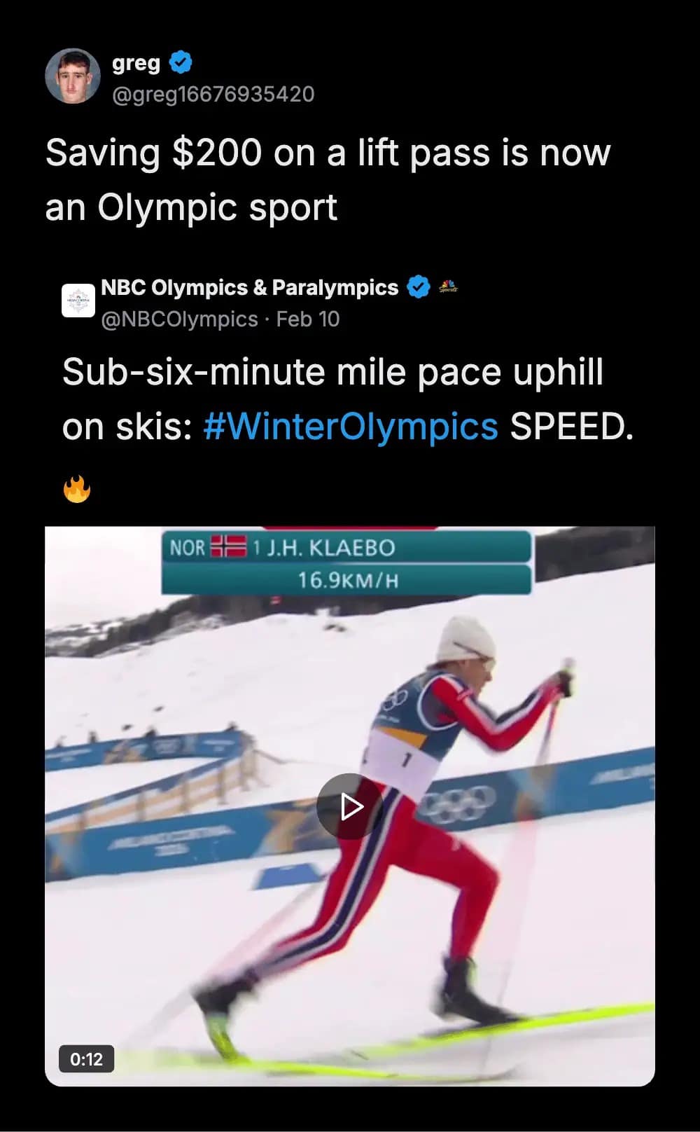 A meme dump entry featuring a tweet joking that saving money on a lift pass should be an Olympic sport, illustrated by a cross-country skier going uphill.