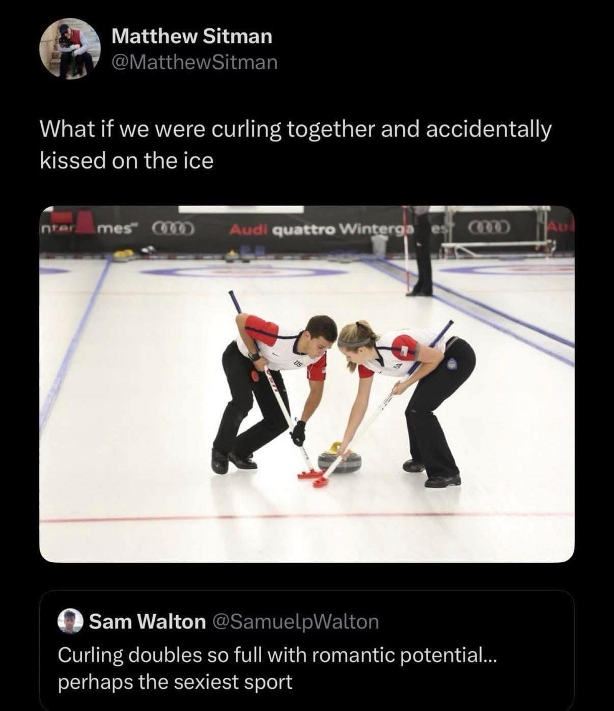A funny meme tweet suggesting that curling is the "sexiest sport" because the face-to-face sweeping position looks like an accidental kiss on the ice.