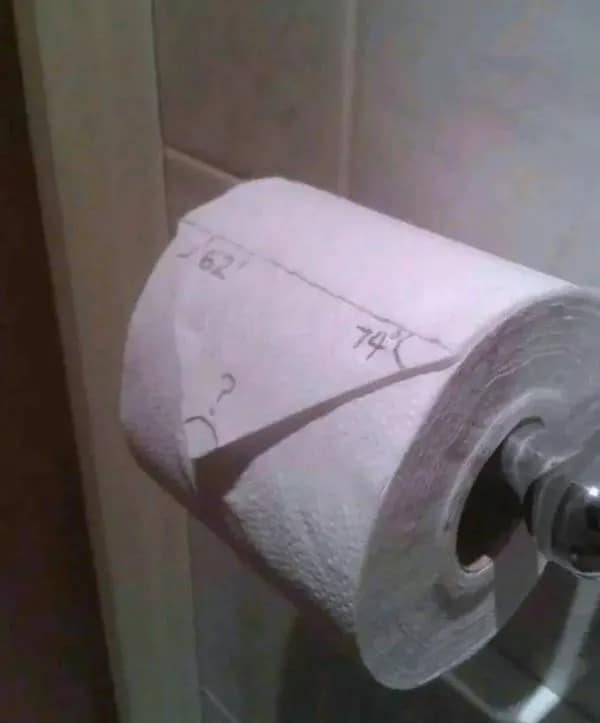 A hilarious math-themed funny meme showing a toilet paper roll where someone has drawn a complex trigonometry problem calculating the angles of the folded triangle sheet, a perfect random find for a meme dump.