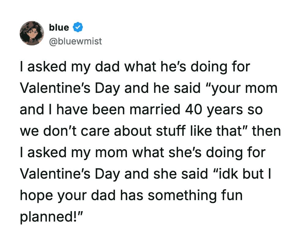 A funny meme tweet comparing parents' views on Valentine's Day, where the dad is apathetic after 40 years of marriage while the mom holds onto a glimmer of hope for a surprise.