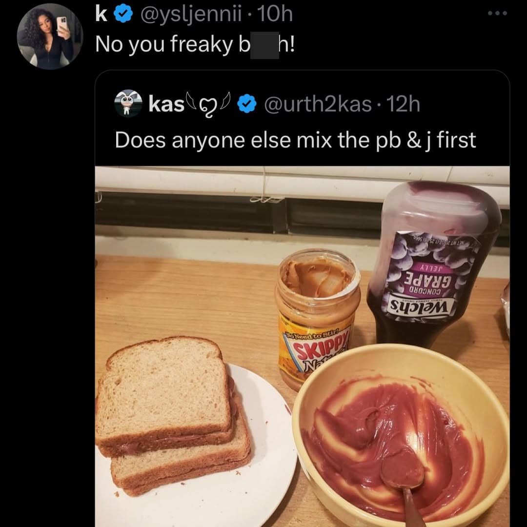 A gross food hilarious memes entry showing a bowl of peanut butter and jelly pre-mixed into a questionable brown sludge, fiercely rejected by a reply calling the original poster a "freaky b***h."