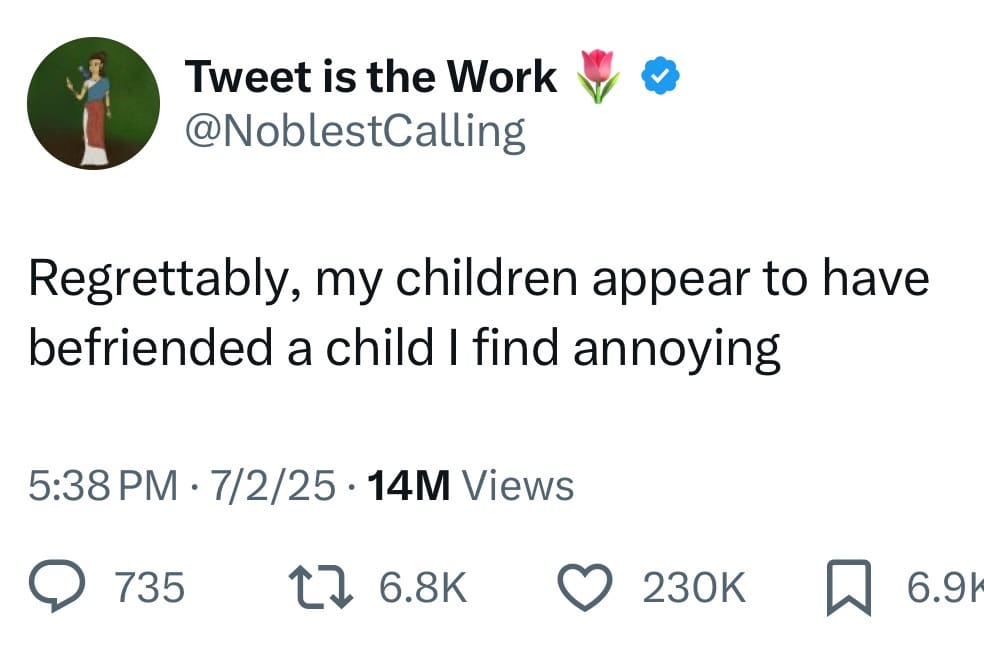 A highly relatable parenting funny meme featuring a tweet where a parent formally and regretfully announces that their kids have unfortunately befriended a child they personally find very annoying, a classic meme dump find.