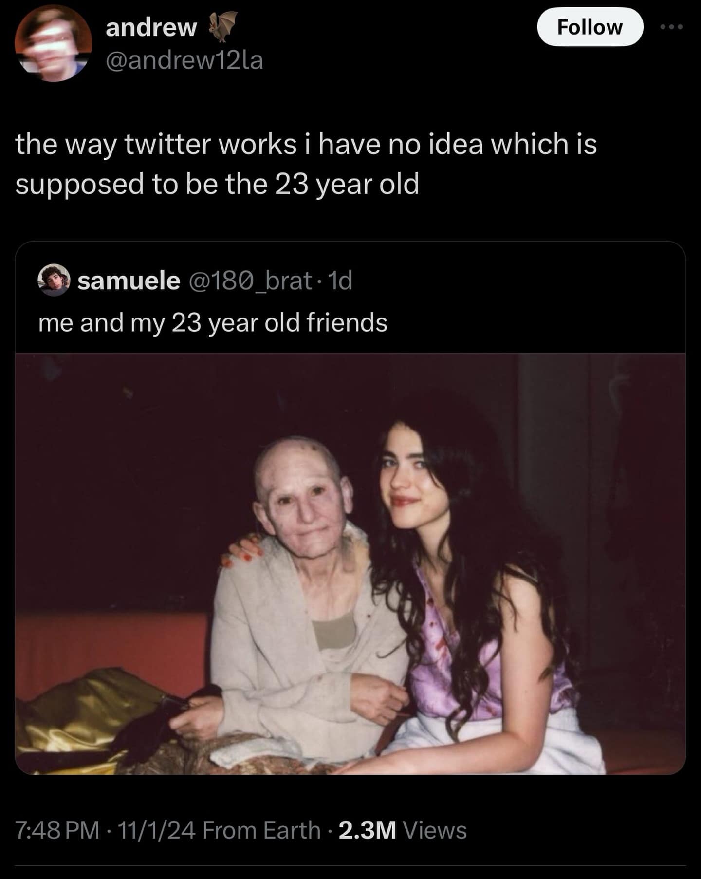 Very old man sitting next to a young woman. Joke about Twitter aging people and not knowing who the 23 year old is.