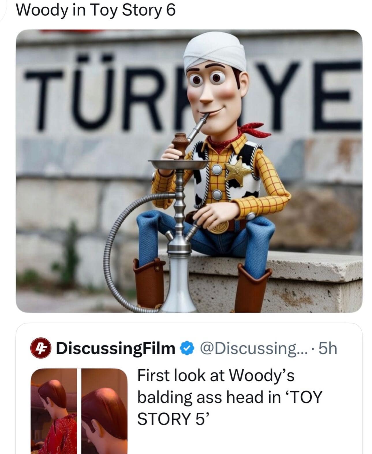 An incredible fake movie poster meme dump entry showing Woody from Toy Story sitting in Turkey smoking a hookah after getting a hair transplant, completely mocking the news about his balding head in the upcoming sequel in this creative funny meme.