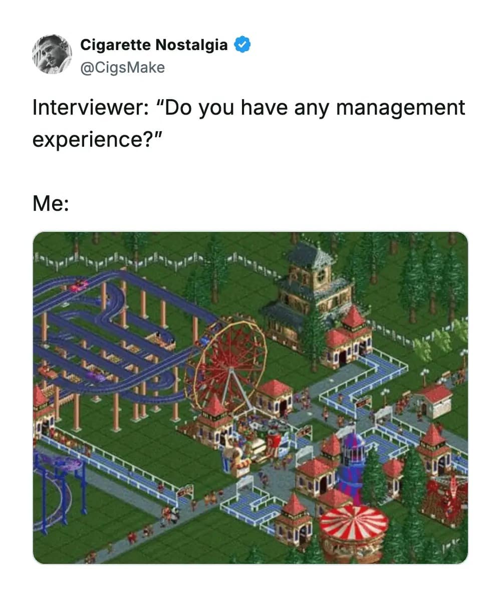 Relatable job interview joke using a chaotic screenshot of a massive Rollercoaster Tycoon theme park to falsely prove extensive management experience.