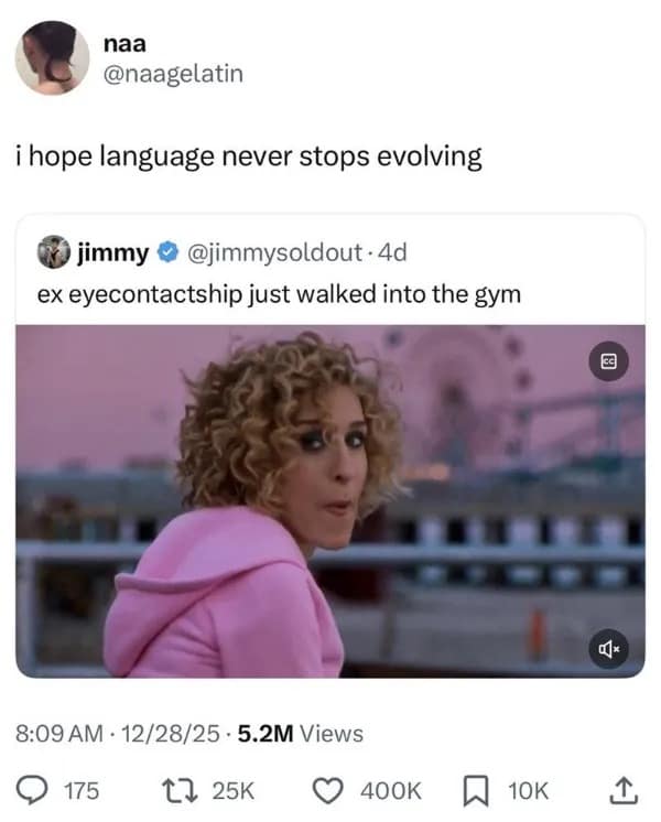 A funny meme tweet coining the term ex eyecontactship to describe someone the user used to stare at in the gym.