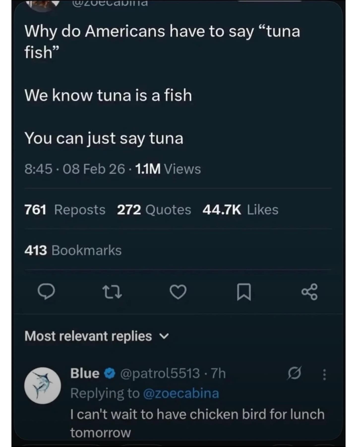 A linguistic funny meme where a user asks why Americans say "tuna fish," prompting the sarcastic reply: "I can't wait to have chicken bird for lunch."