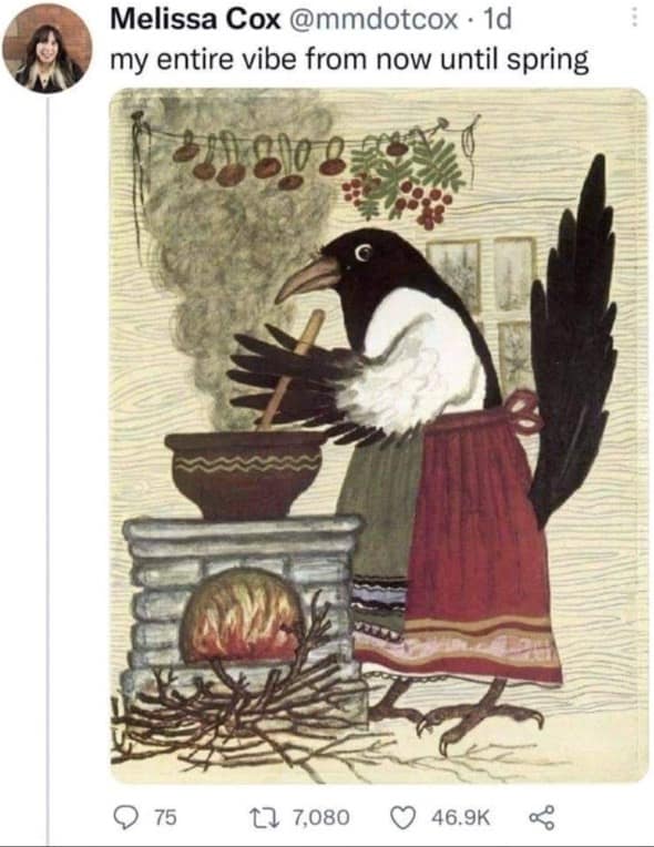 A meme dump illustration of a magpie bird cooking in a cauldron, describing the user's cozy vibe until spring.