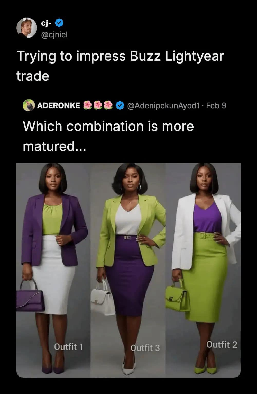 A fashion-focused hilarious meme asking which business outfit is more mature, while all three options clearly mimic the color scheme of Buzz Lightyear.