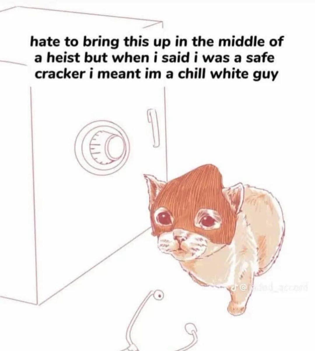 A visual pun and meme dump drawing of a cat in a ski mask at a safe, clarifying that by "safe cracker" he meant he is a "chill white guy," not a thief.