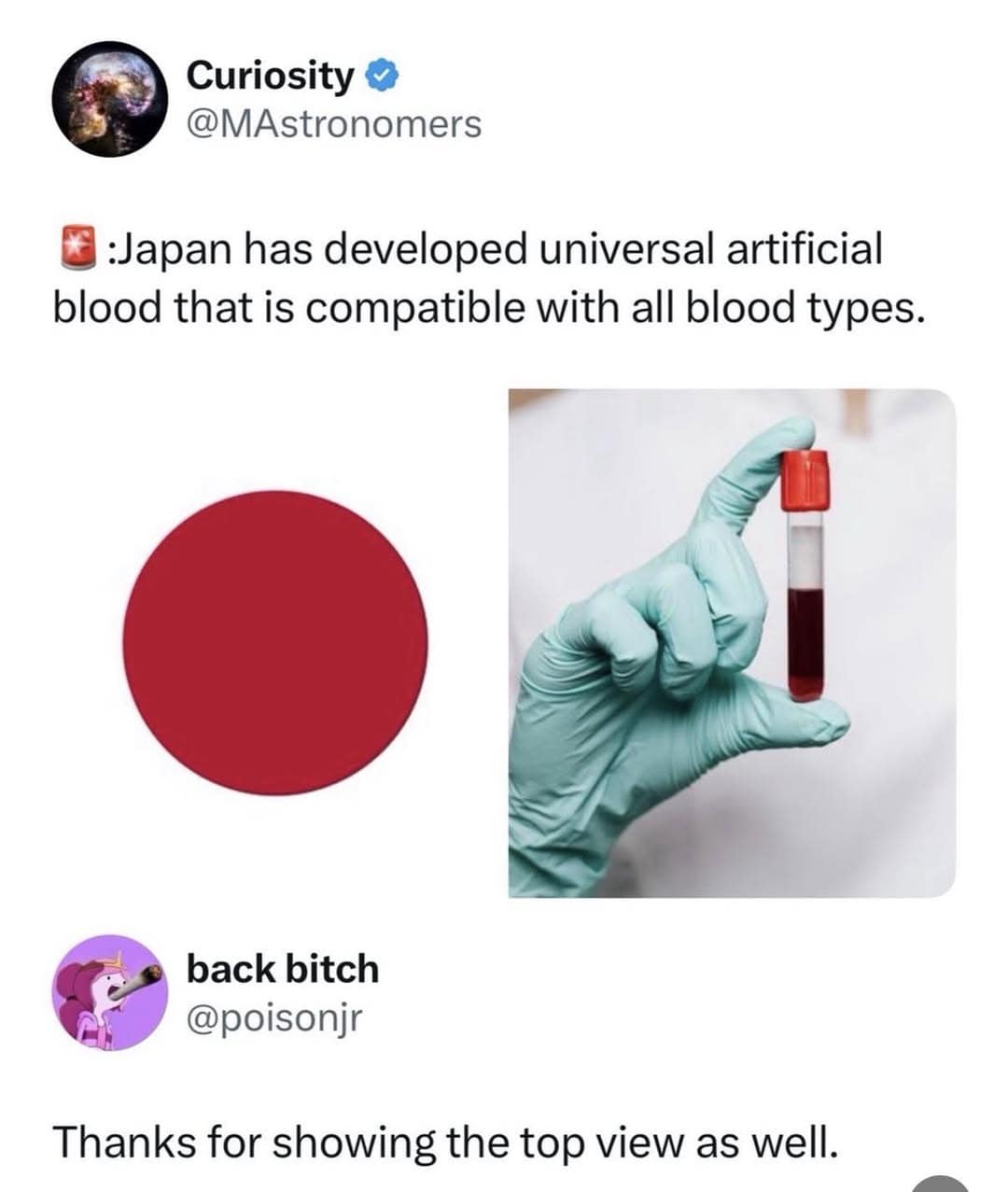 Red circle next to a vial of artificial blood. Sarcastic internet memes reply thanking them for the top view.