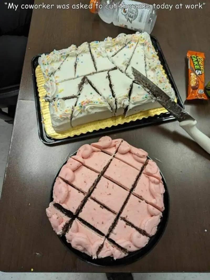 A hilarious meme showing a workplace cake cut into absolute chaos with random geometric shapes instead of proper slices.