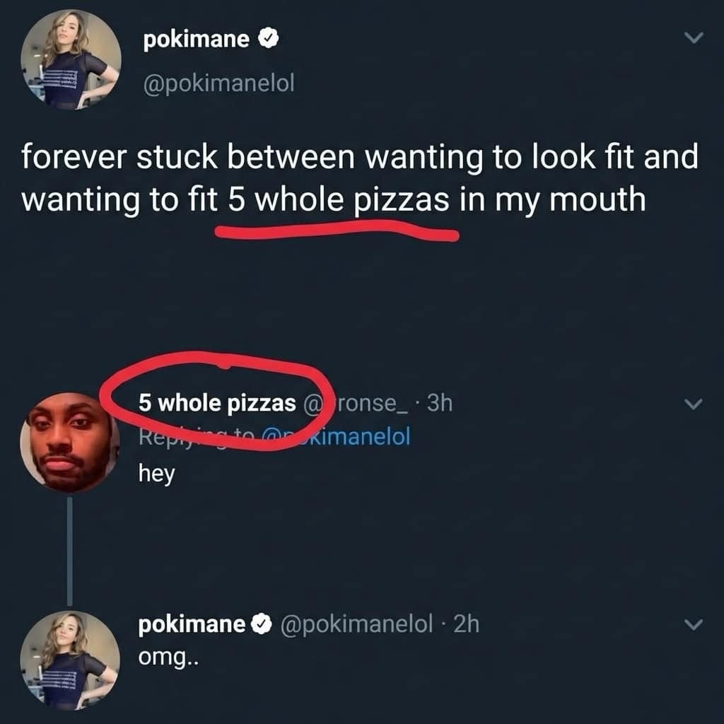 A meme dump interaction where a Twitter user named 5 whole pizzas replies to Pokimane's tweet about wanting to eat five pizzas.