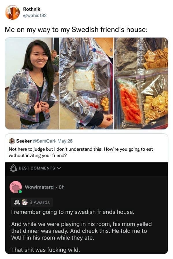 Woman wearing a jacket made of snack bags. Reply compares it to weirdly waiting alone while a Swedish friend eats dinner.