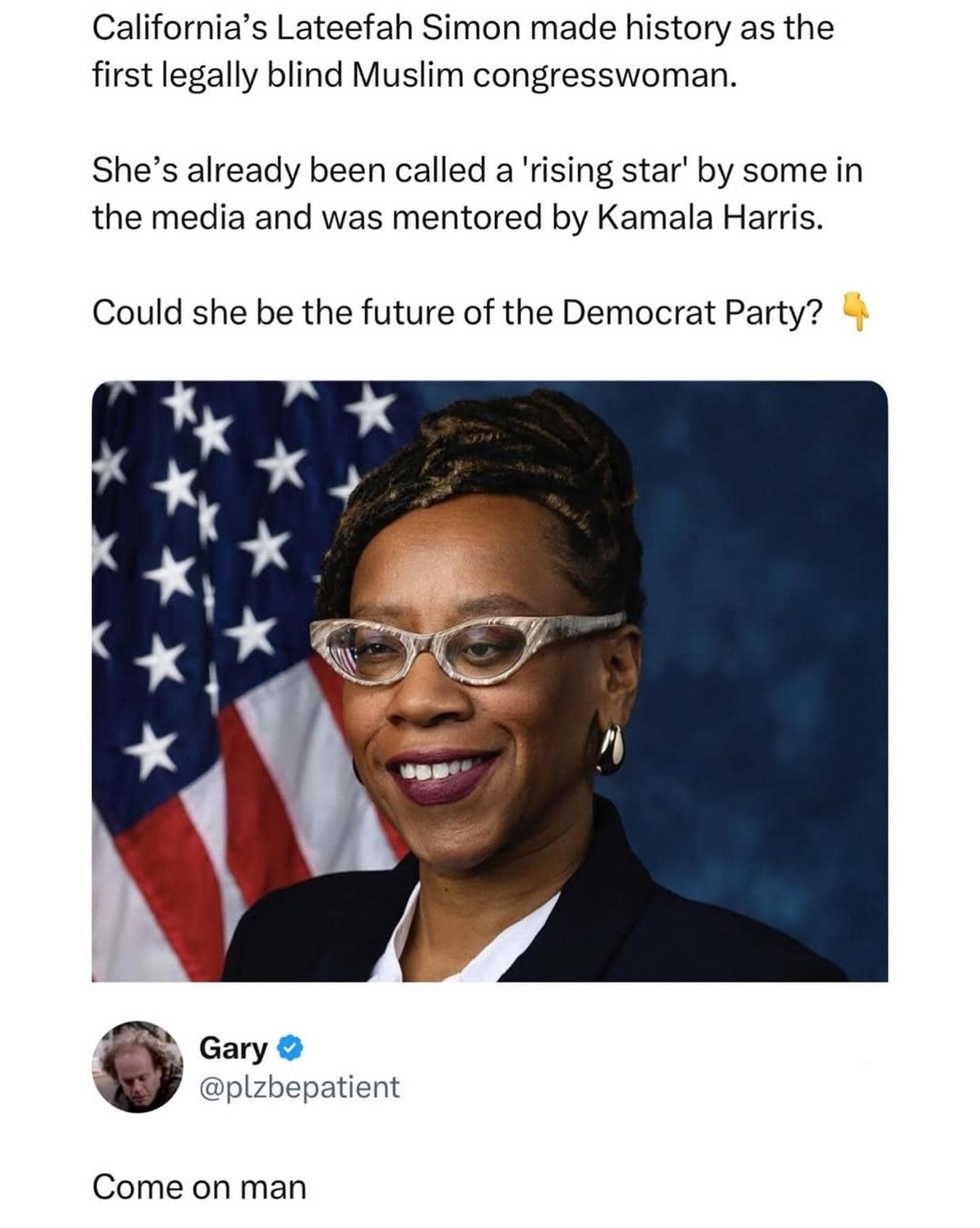 A meme dump screenshot of a political post about a legally blind congresswoman, with a reply simply saying Come on man.