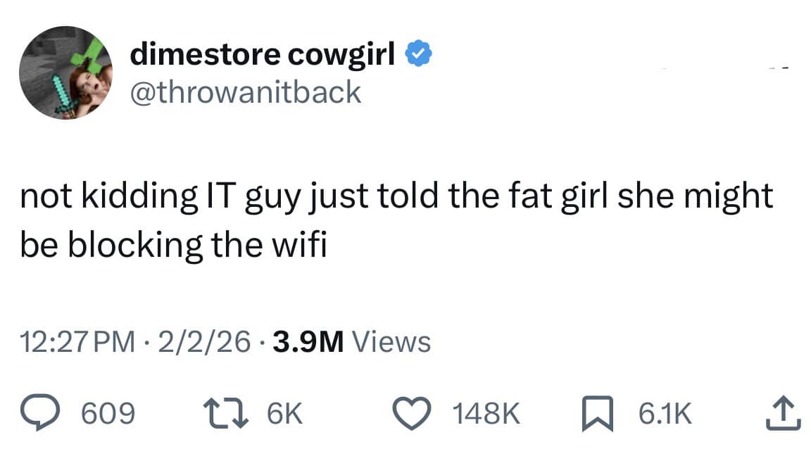 A brutally savage workplace funny meme featuring a tweet where an IT guy shockingly blames a coworker's physical size for blocking the office Wi-Fi signal, providing peak shock value for this meme dump collection.