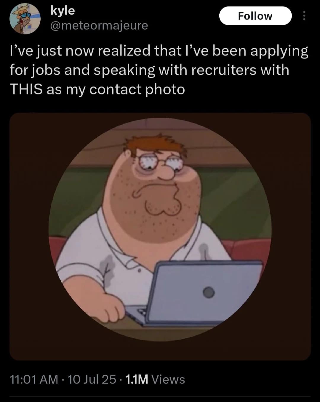 Funny tweet panicking after realizing a sweaty exhausted Peter Griffin at a laptop was accidentally set as a professional job recruitment profile picture