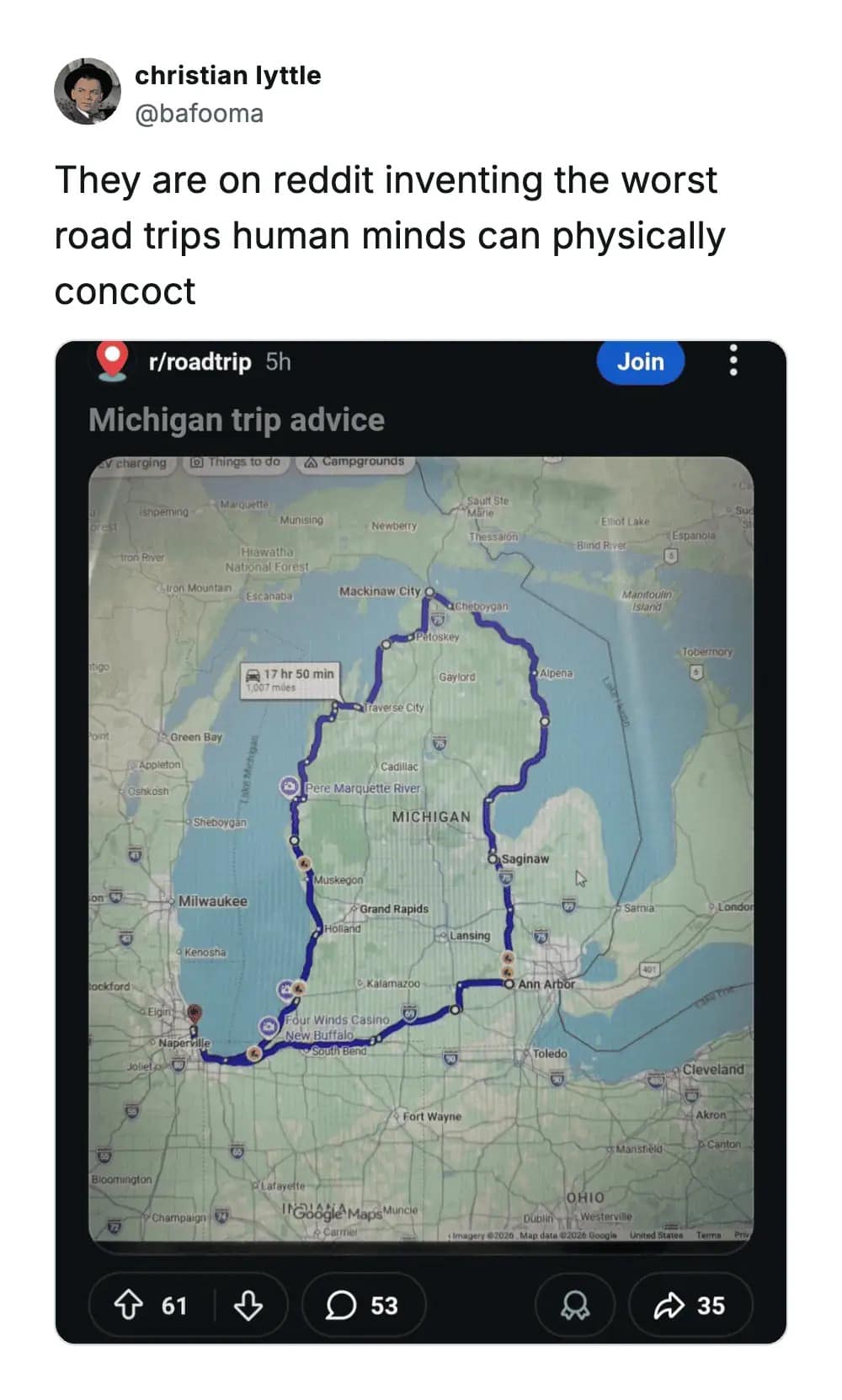 A funny Reddit meme dump highlighting bizarre travel plans, showing a user asking for advice on a grueling 17-hour, 1,000-mile road trip that aggressively just traces the exact outline of Lake Michigan.