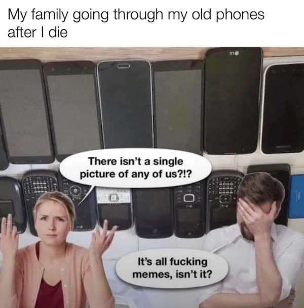 Disappointed family looking at old cell phones realizing the dead relative only saved pictures for a meme dump.