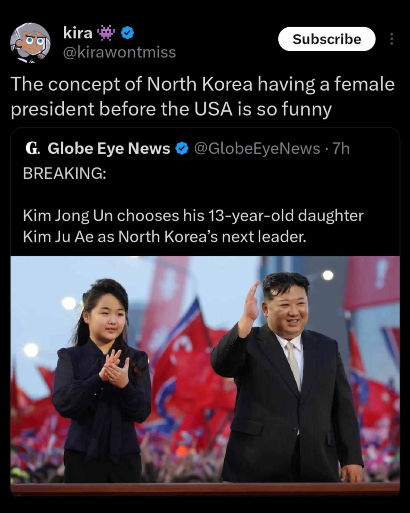 A funny meme tweet pointing out the irony that North Korea might have a female president before the USA, following news about Kim Jong Un's daughter.