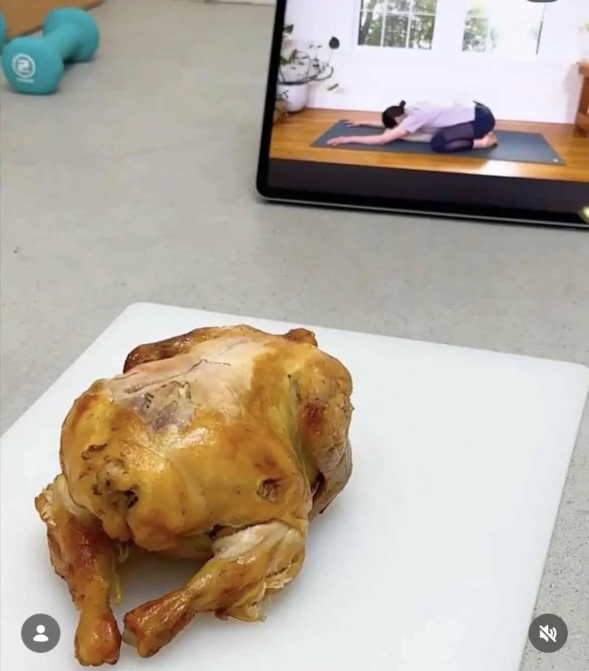 A hilarious visual funny meme included in this meme dump, showing a perfectly roasted whole chicken sitting on a cutting board that exactly mimics the child's pose being performed by an instructor on a yoga workout video playing in the background.