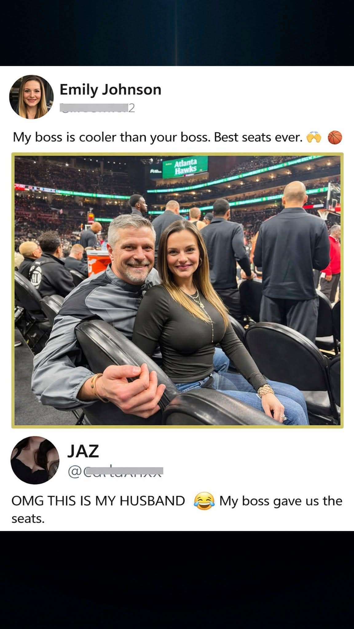 A hilarious meme capturing a potential cheating scandal where a woman posts a photo with her boss and a commenter identifies him as her husband.